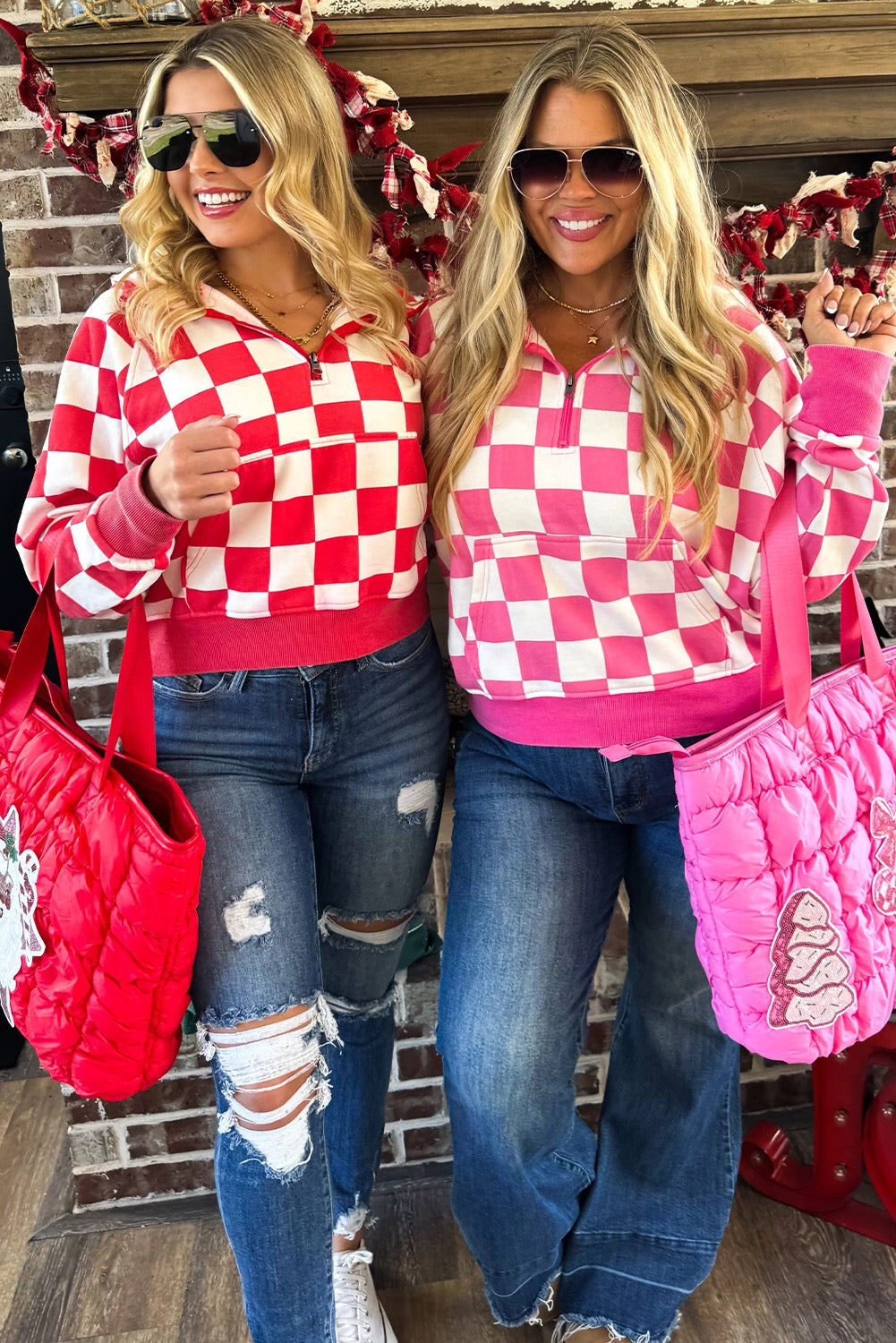 Red Checkered Print Half Zipper Hoodie