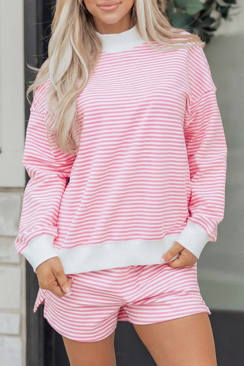 Pink stripe oversized mock neck sweatshirt