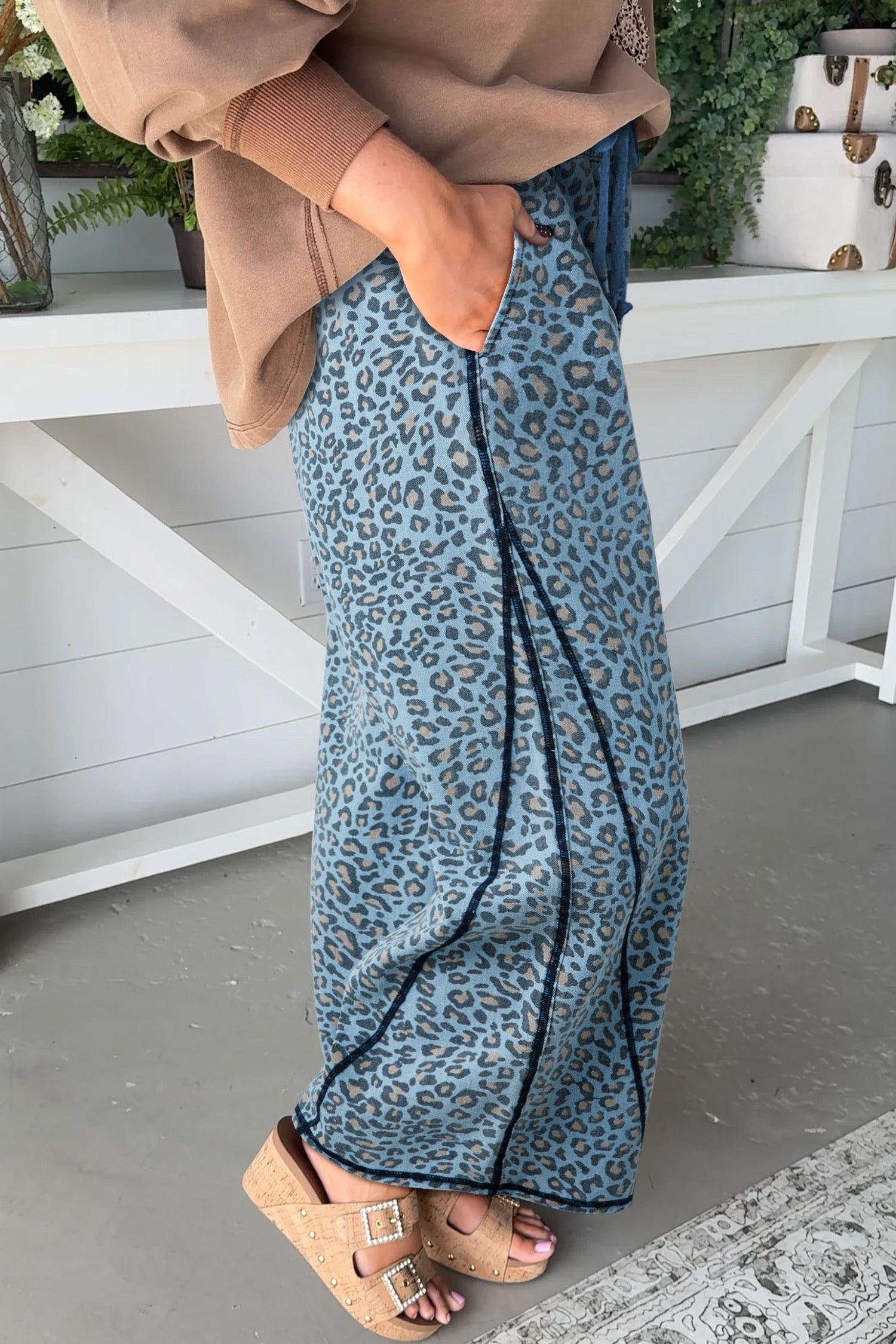 Blue leopard wide leg