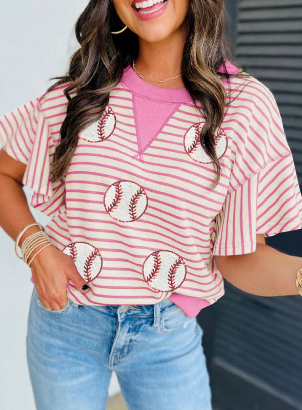 Pink striped baseball tee