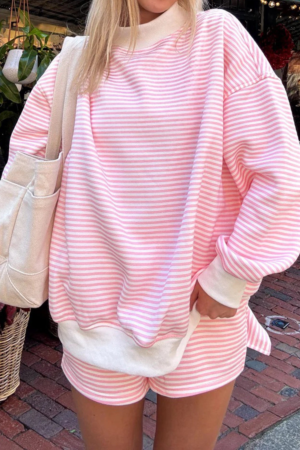 Pink stripe oversized mock neck sweatshirt