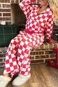 Red Checkered Print Half Zipper Hoodie