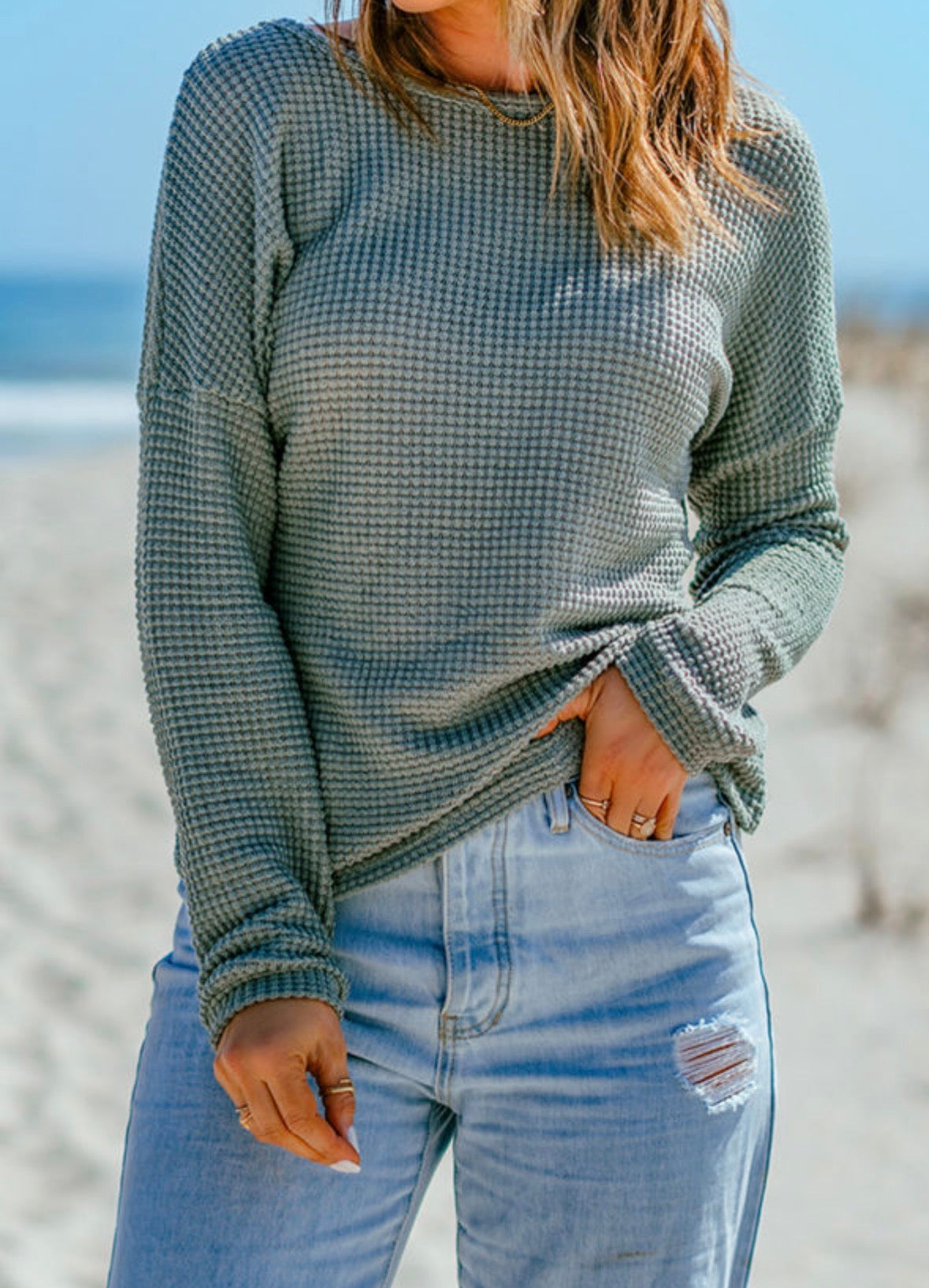 green waffle knit long sleeve