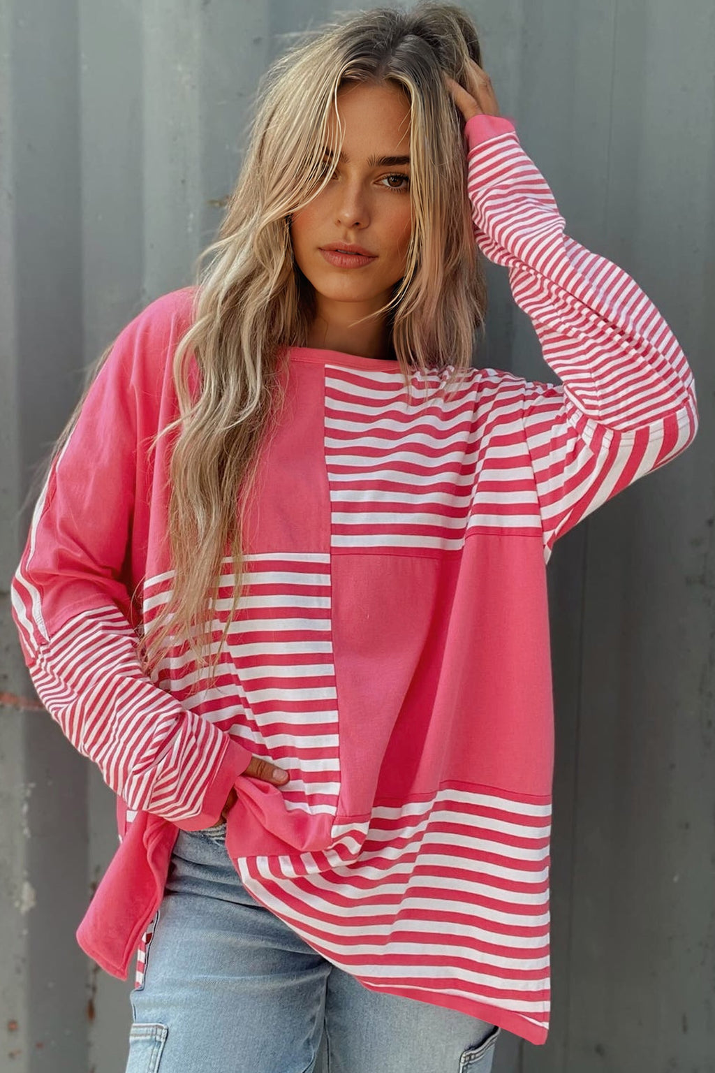 Pink stripe block patchwork long sleeve top
