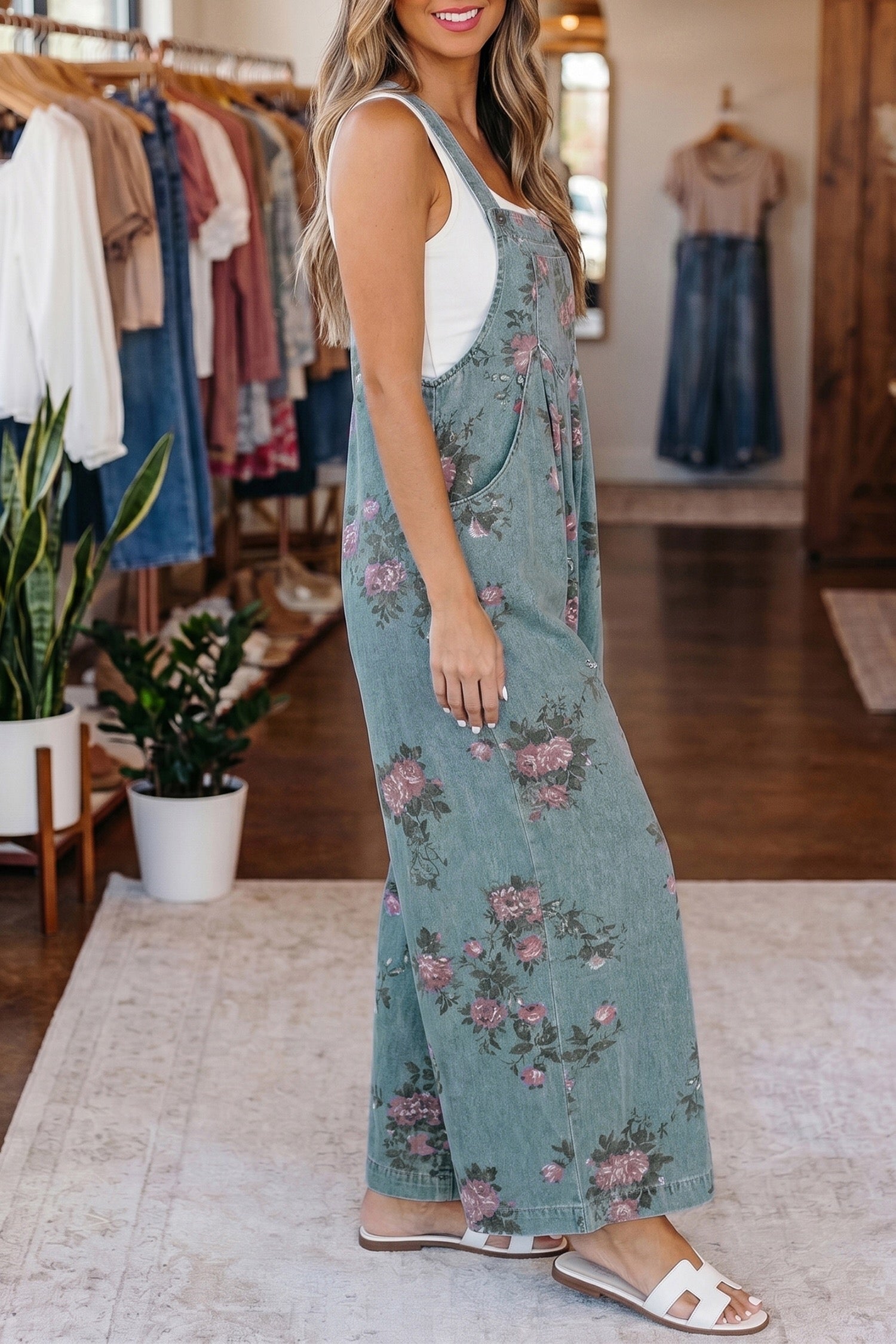 Beau Blue Floral Print Pleated High Waist