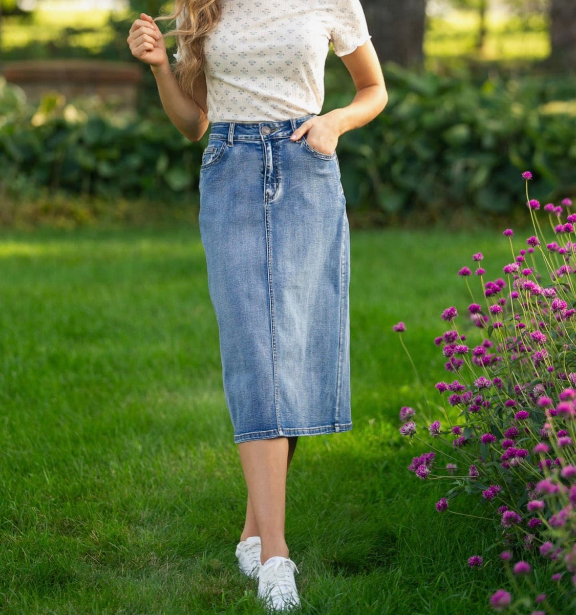 Frankie Light Wash Denim Midi Skirt