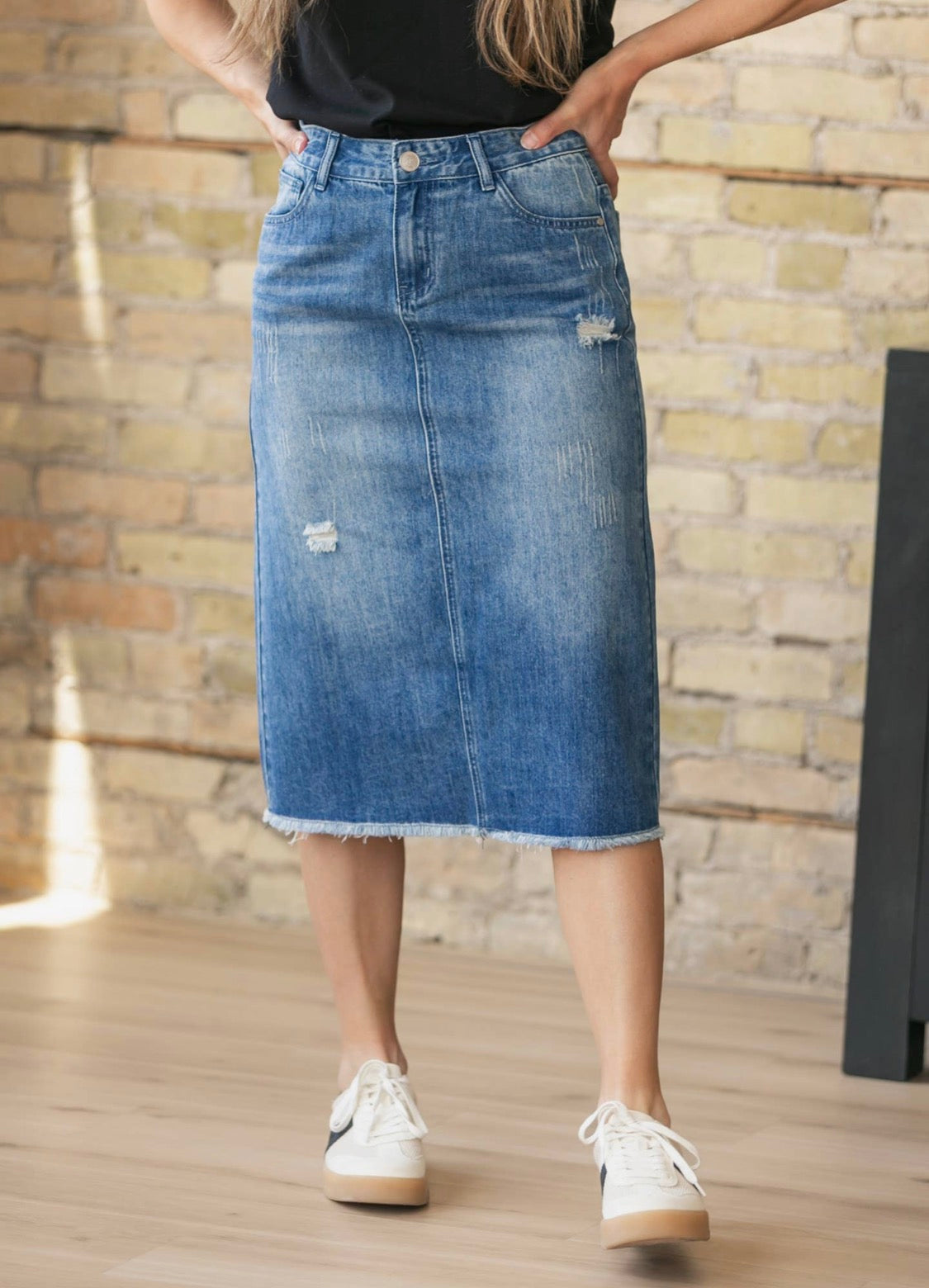 Everly Medium Wash Midi Denim Skirt